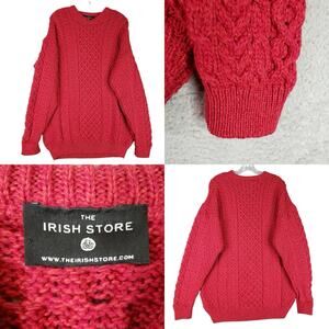 The Irish Store Red Crew Neck Aran Wool Sweater Size Large Pullover Chunky